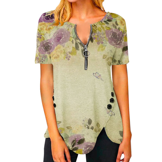 Damen T-Shirt mit halbgeschlossenem Reißverschluss und floralem Muster Heidi-Mode