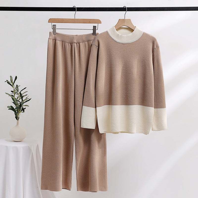 Damen elegantes Strick-Loungewear-Set mit weitem Bund und dekorativem Kragen Heidi-Mode