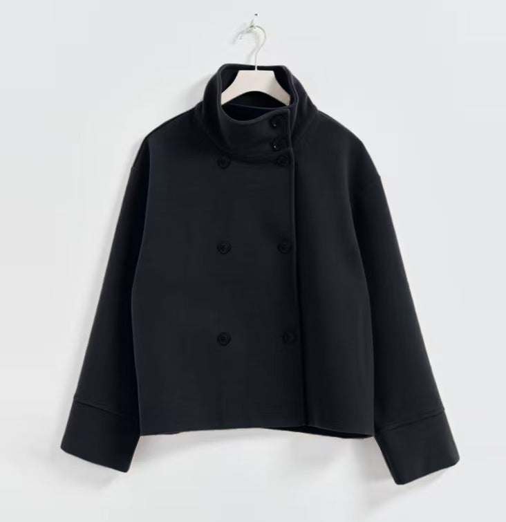 Damen Modische Cropped Jacke mit hohem Kragen und doppelter Knopfleiste Heidi-Mode