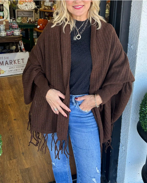 Damen vielseitiger Poncho mit Fransen Heidi-Mode