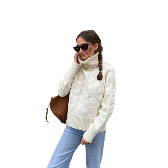 Damen gemütlicher Pullover mit hohem Kragen und Kabelstrick Heidi-Mode