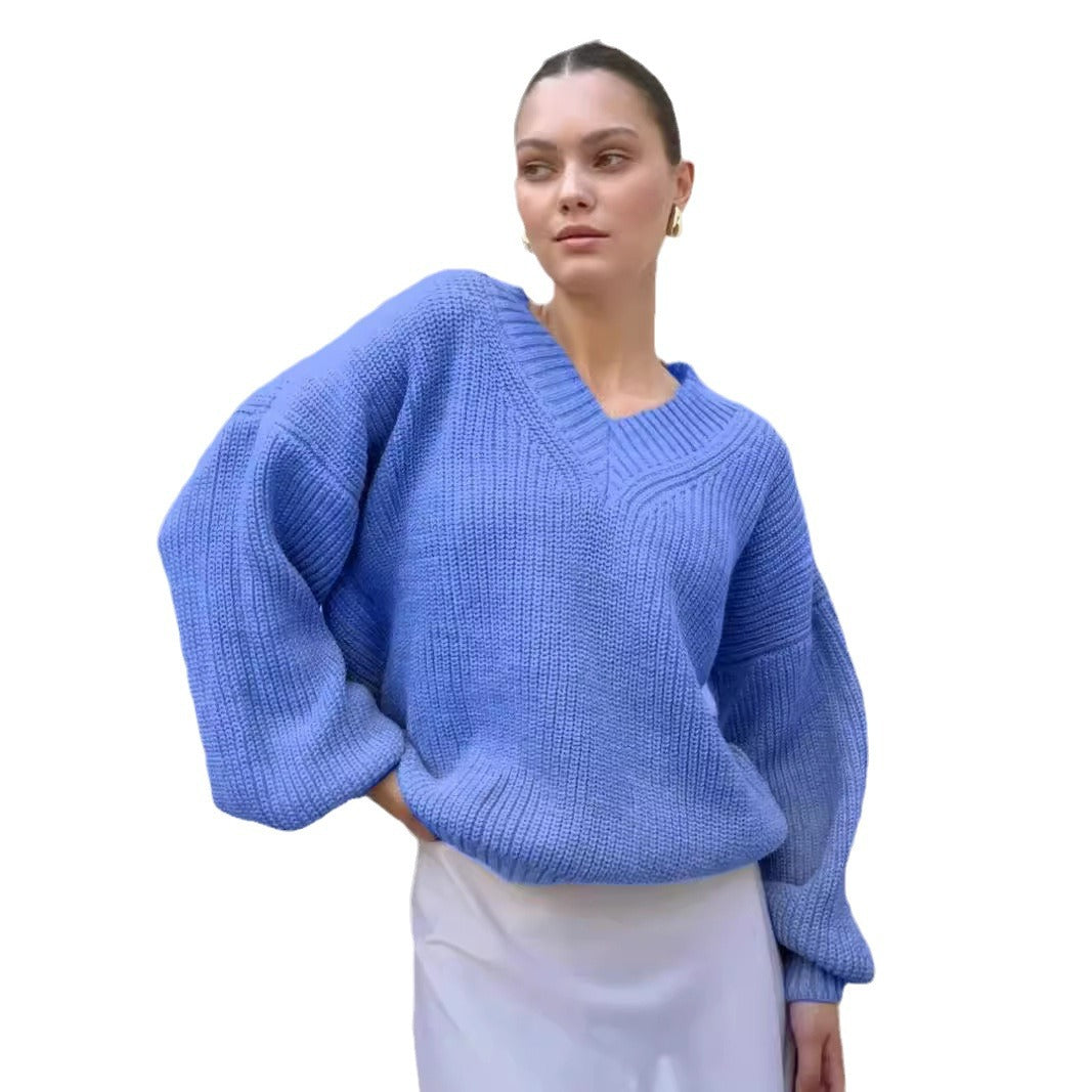 Damen V-Ausschnitt Strickpullover mit voluminösen Ärmeln und strukturierter Oberfläche Heidi-Mode