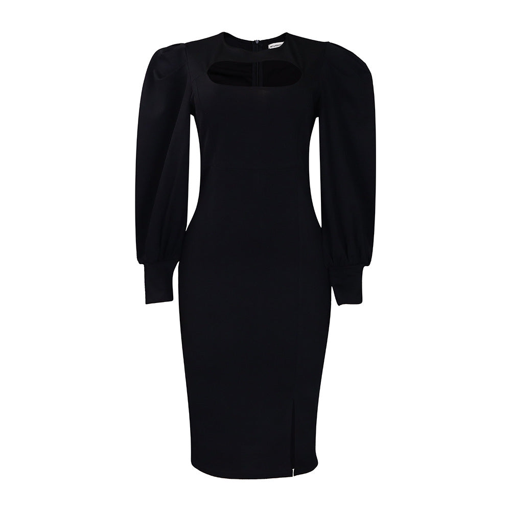 Damen Etuikleid mit angeschnittenen Puffärmeln und trendigem Cut-Out Heidi-Mode