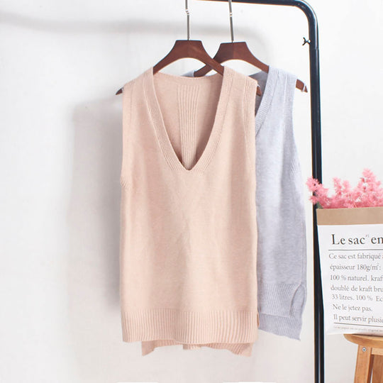 Damen Ärmelloses Stricktop mit V-Ausschnitt und Feinstrickstruktur Heidi-Mode