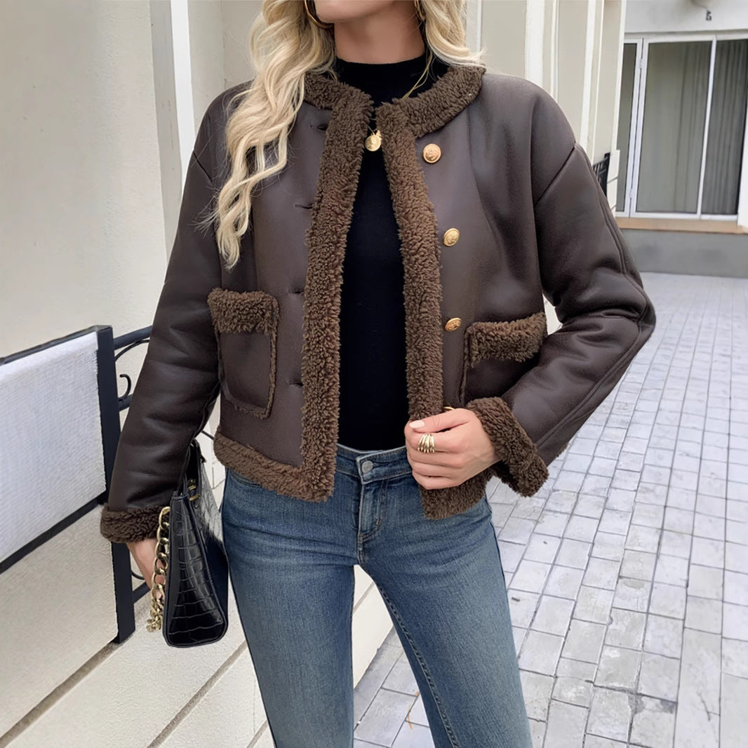 Damen Kurz geschnittene Texturjacke mit verdeckten Knöpfen und Taschen Heidi-Mode