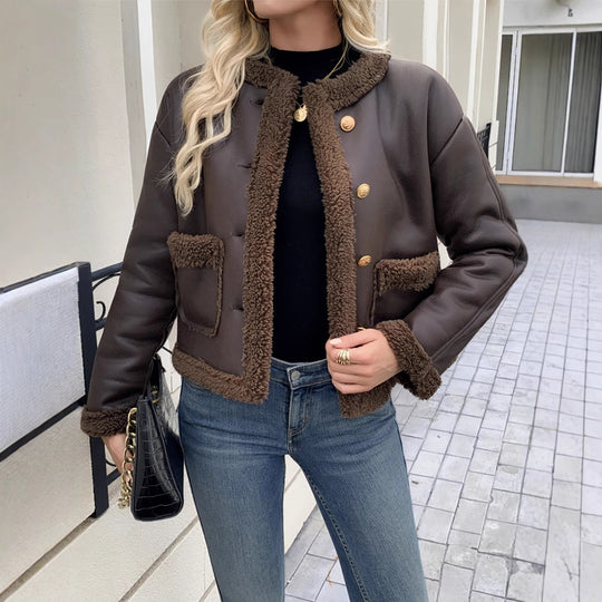 Damen Kurz geschnittene Texturjacke mit verdeckten Knöpfen und Taschen Heidi-Mode