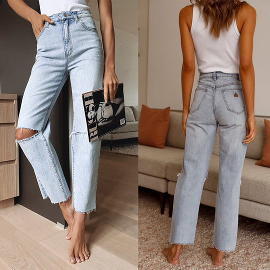 Damen Ripped Jeans im lässigen High-Waist-Schnitt mit fransigen Säumen Heidi-Mode