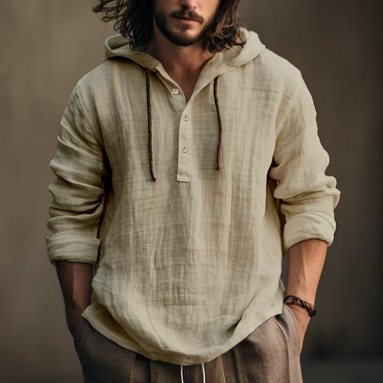 Herren lässige Kapuzenbluse mit Knopfleiste aus hochwertigem Leinen Heidi-Mode