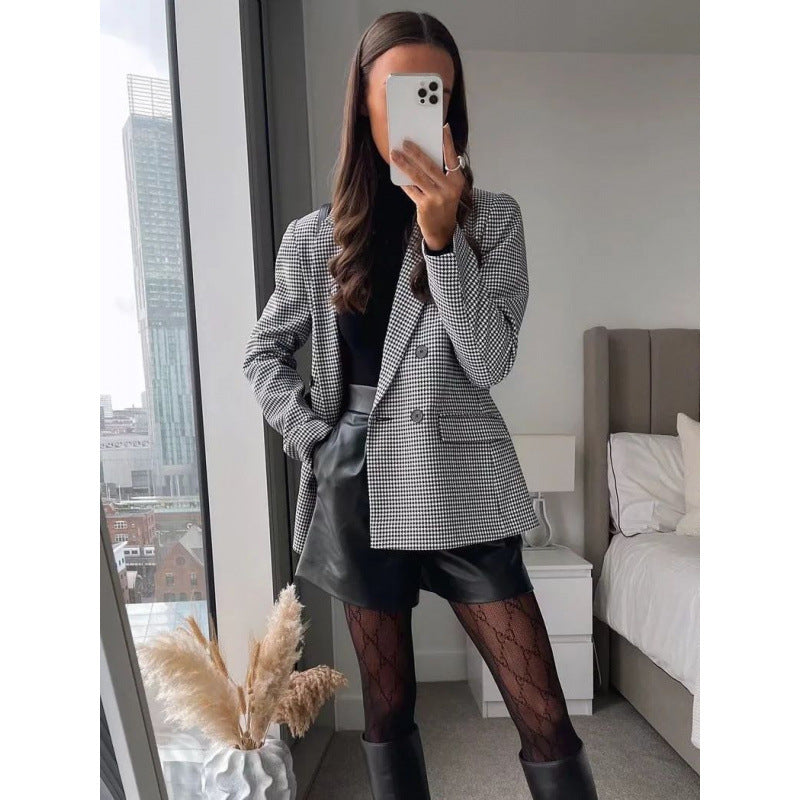 Damen kariertes Blazerjacke mit doppelter Knopfreihe und idealem Schnitt Heidi-Mode