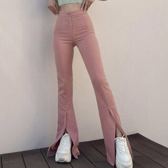 Damen modische High-Waist-Hose mit schmalem Schnitt und ausgestelltem Bein Heidi-Mode