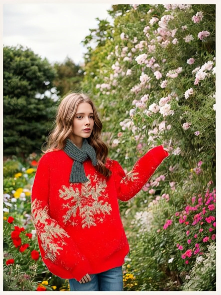 Damen Weihnachts-Pullover mit festlichem Schneeflocken-Motiv und weitem Schnitt Heidi-Mode