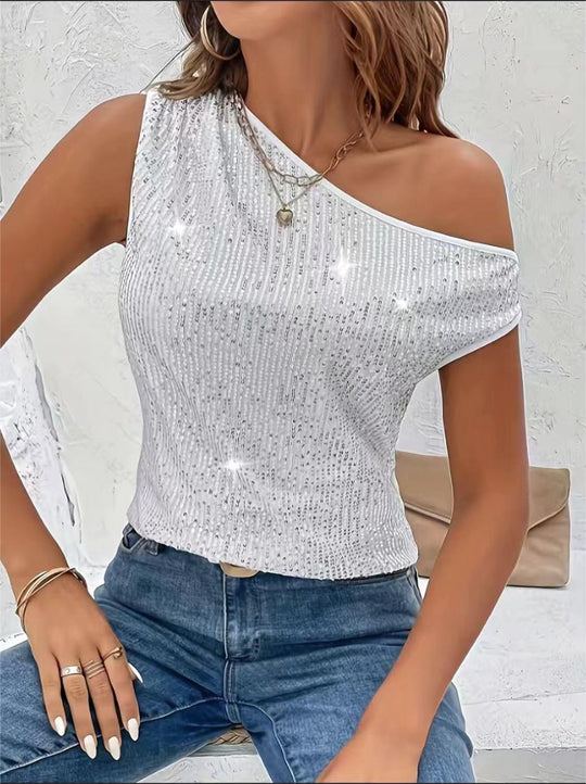 Damen Glitzerndes One-Shoulder Oberteil mit feinen Strassdetails Heidi-Mode