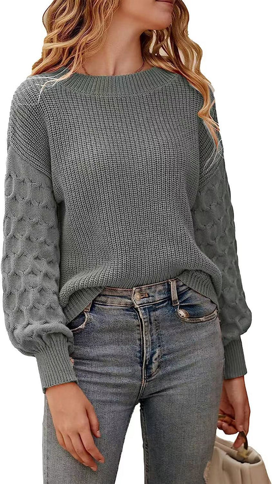 Damen modischer Strickpullover mit strukturierten Ärmeln und Rundhalsausschnitt Heidi-Mode