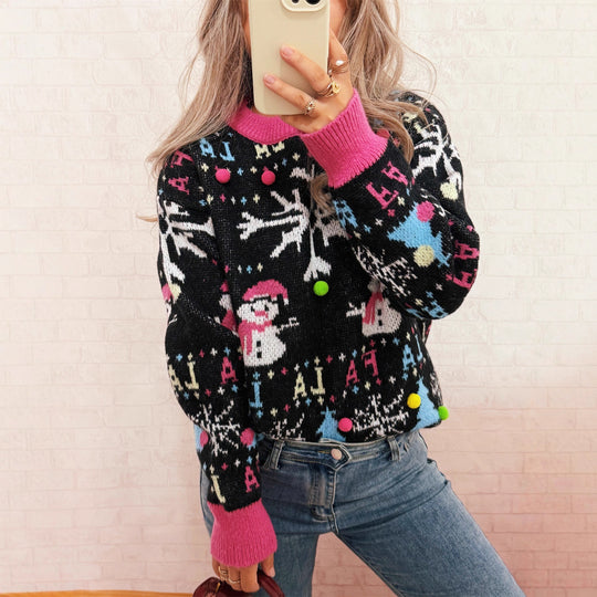 Damen festlicher Pullover mit farbenfrohen Weihnachtsmotiven und verspielten Details Heidi-Mode