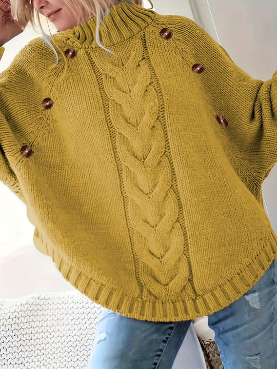 Damen Oversized Strickpullover mit Hochkragen und dekorativen Knopfdetails Heidi-Mode