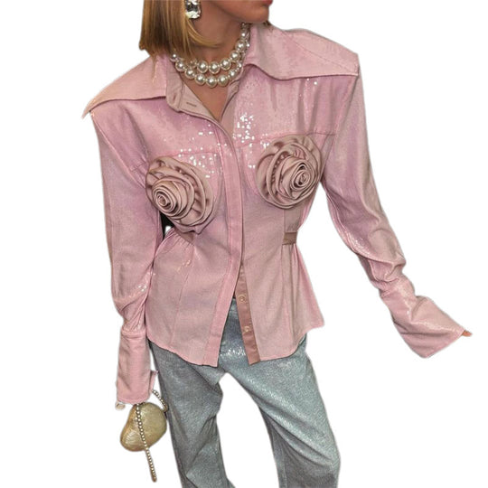 Damen Glamouröse Bluse mit 3D-Rosenapplikationen und Glitzer Heidi-Mode
