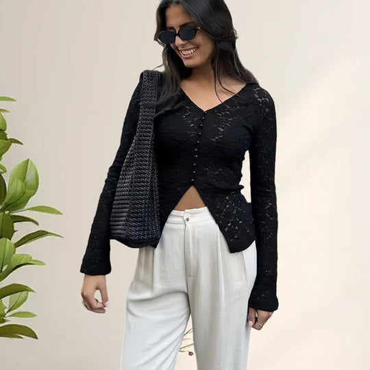Damen Elegantes Longsleeve-Oberteil mit Lochmuster und Knopfleiste Heidi-Mode