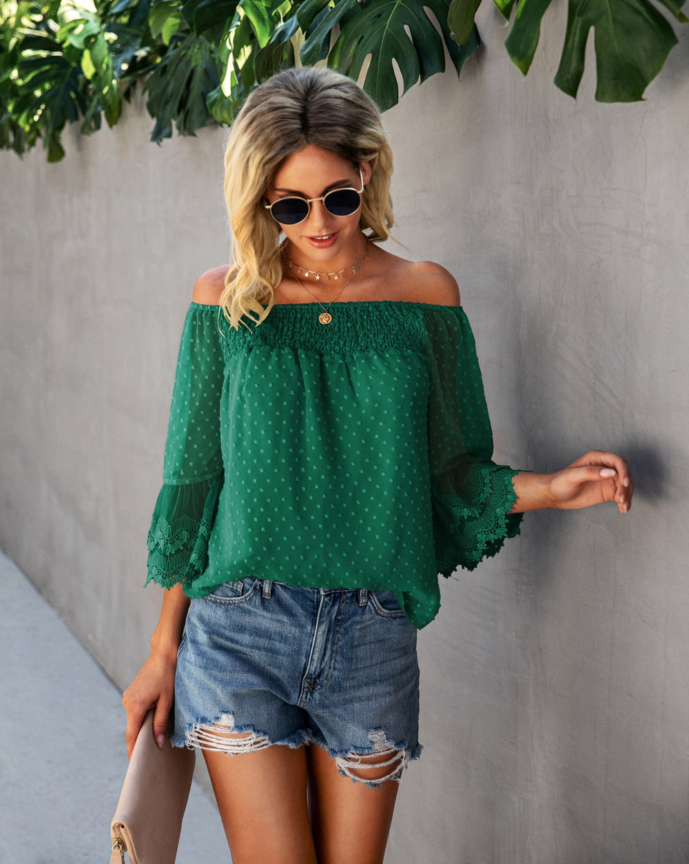 Heidi-Mode | Off-Schulter Flares Ärmel Rüsche Chiffon Tops