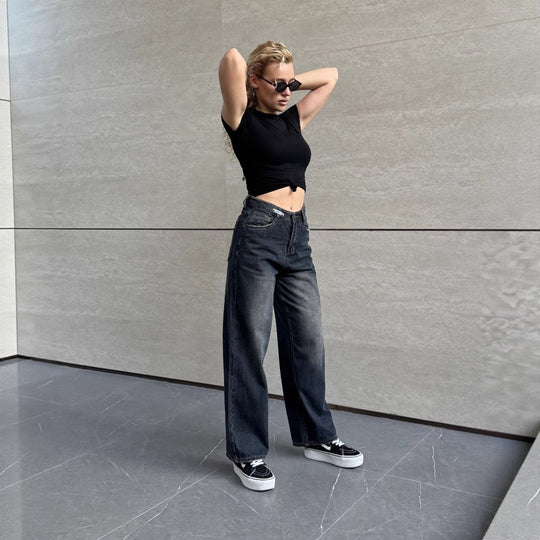 Damen Hochtaillierte Baggy-Jeans mit lockerer Passform Heidi-Mode