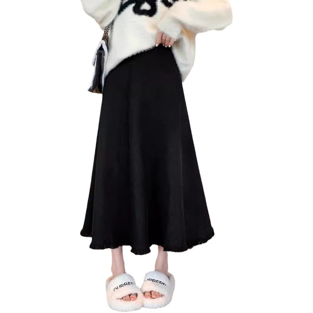 Damen Maxirock aus weichem, strukturiertem Strickstoff mit fransigem Saum Heidi-Mode