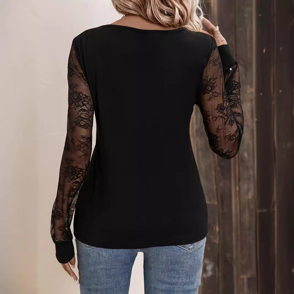 Damen Langarmshirt mit eleganter Spitze und V-Ausschnitt Heidi-Mode