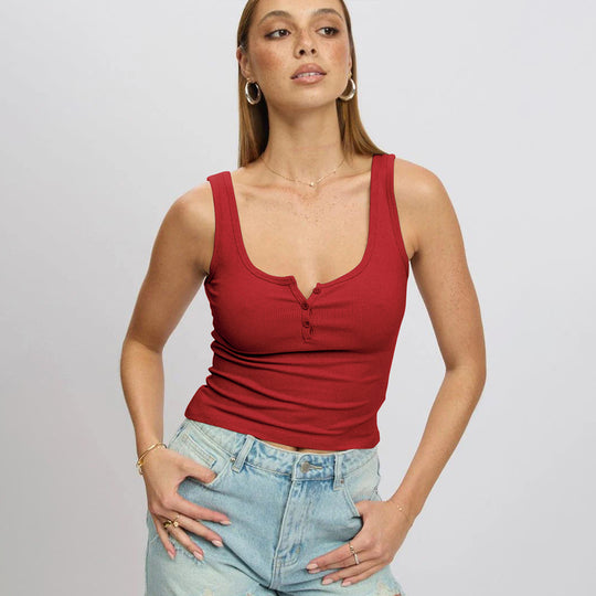 Damen körperbetontes Ripp-Top mit Knopfleiste und weitem Ausschnitt Heidi-Mode