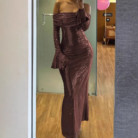 Damen Elegantes Abendkleid mit schulterfreiem Design und ausgestellten Ärmeln Heidi-Mode