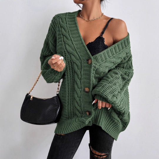 Damen Grobstrick Cardigan mit weiten Ärmeln und Knopfdetails Heidi-Mode