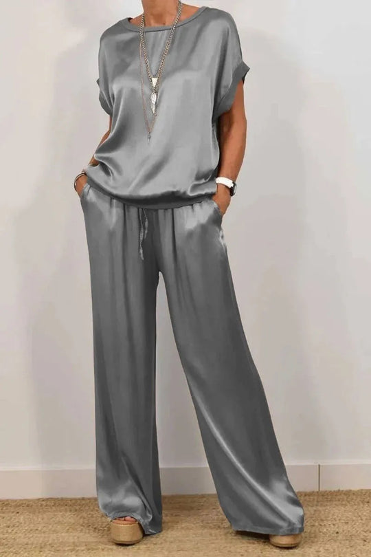 Damen Elegantes Satin Lounge-Set mit weitem Schnitt und lässigem Oberteil Heidi-Mode