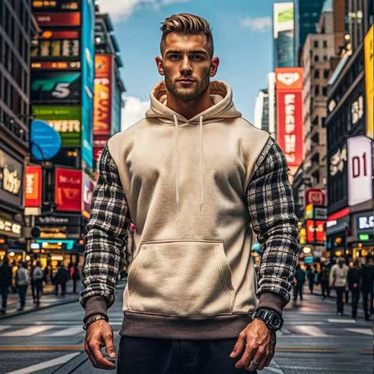 Herren Hoodie mit karierten Ärmeln und Kängurutasche Heidi-Mode