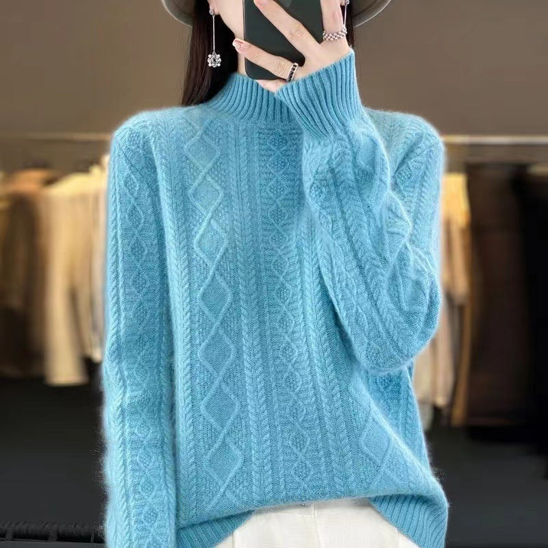 Damen Hochwertiger Strickpullover mit Stehkragen und Zopfdesign Heidi-Mode