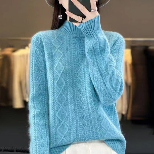 Damen Hochwertiger Strickpullover mit Stehkragen und Zopfdesign Heidi-Mode