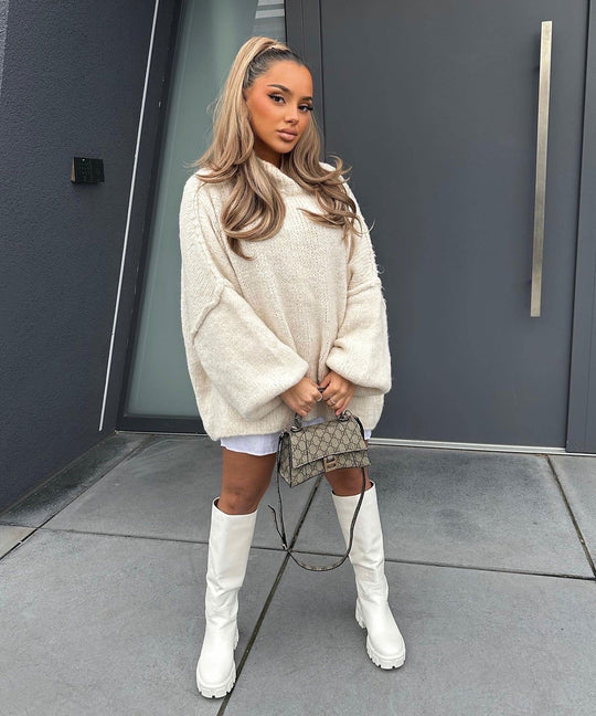 Damen lässiger Oversize Pullover mit hohen Ärmeln und unkonventionellem Schnitt Heidi-Mode