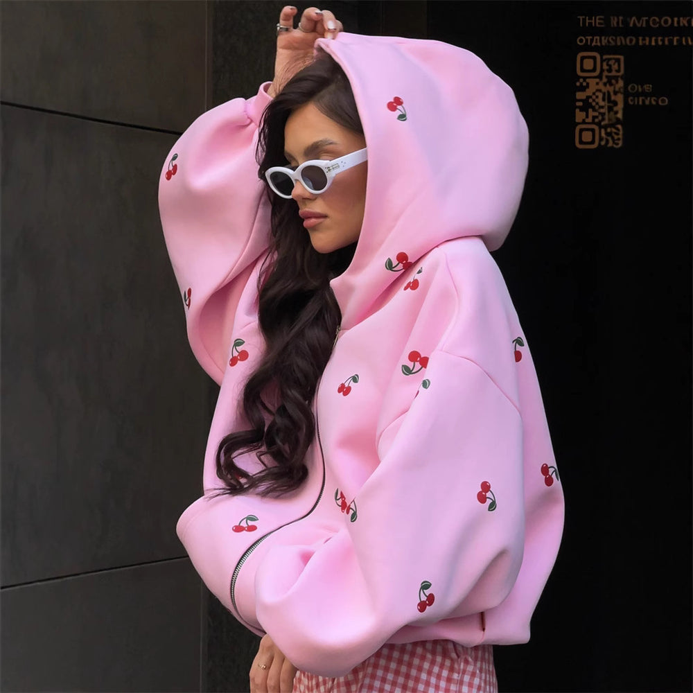 Damen Oversized Kapuzenjacke mit fruchtigem Print und praktischen Taschen Heidi-Mode