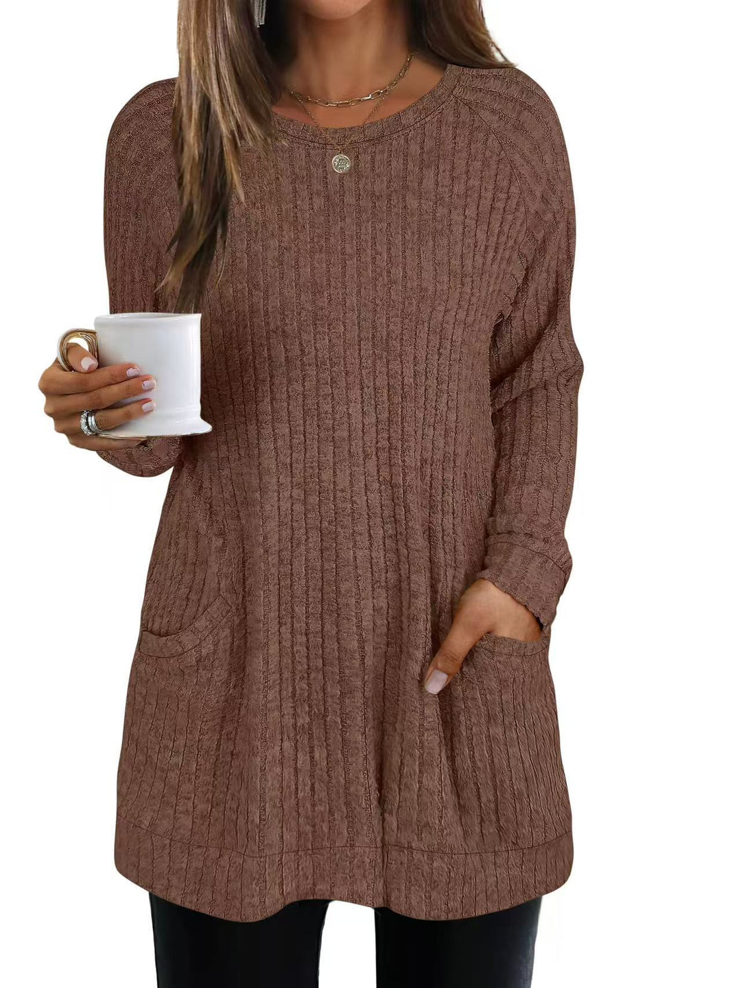 Damen lässiger Strickpullover mit seitlichen Eingrifftaschen und Rippenstruktur Heidi-Mode