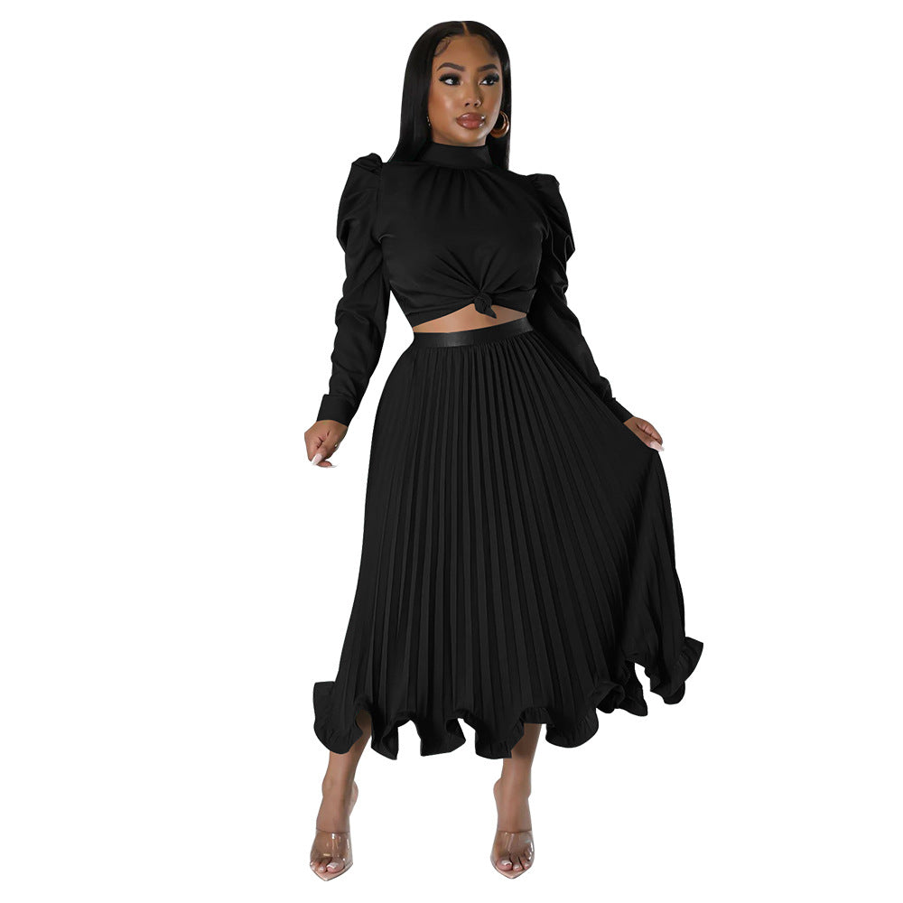Damen elegantes Plissee-Kleid mit hochgeschlossenem Kragen und Volants Heidi-Mode