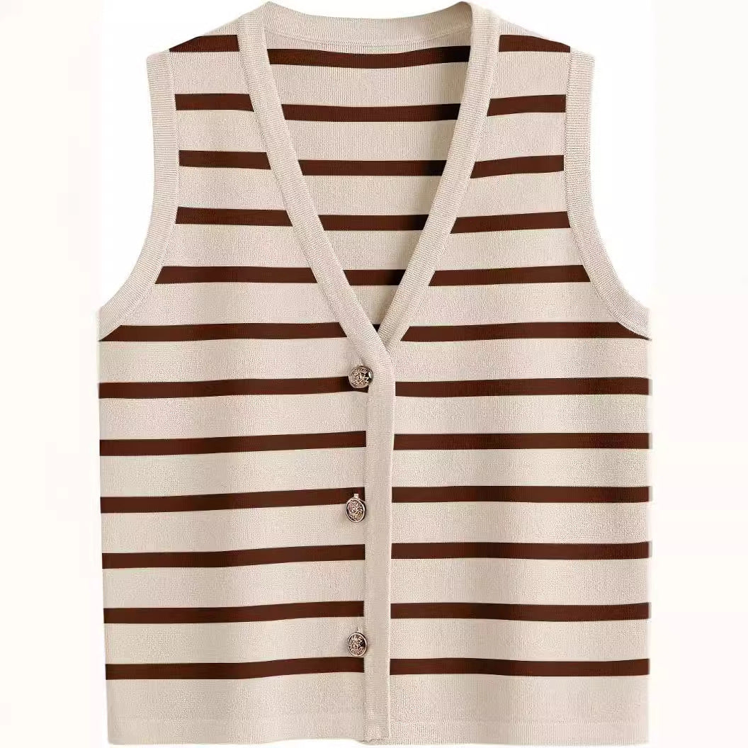 Damen ärmellose Strickweste mit V-Ausschnitt und dekorativen Knöpfen Heidi-Mode