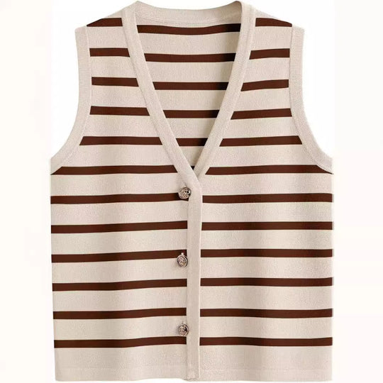 Damen ärmellose Strickweste mit V-Ausschnitt und dekorativen Knöpfen Heidi-Mode
