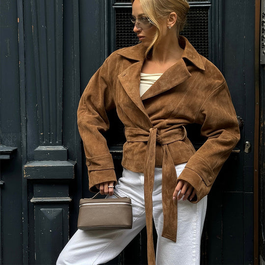 Damen Modische Wildleder-Trenchjacke mit schickem Gürtel Heidi-Mode