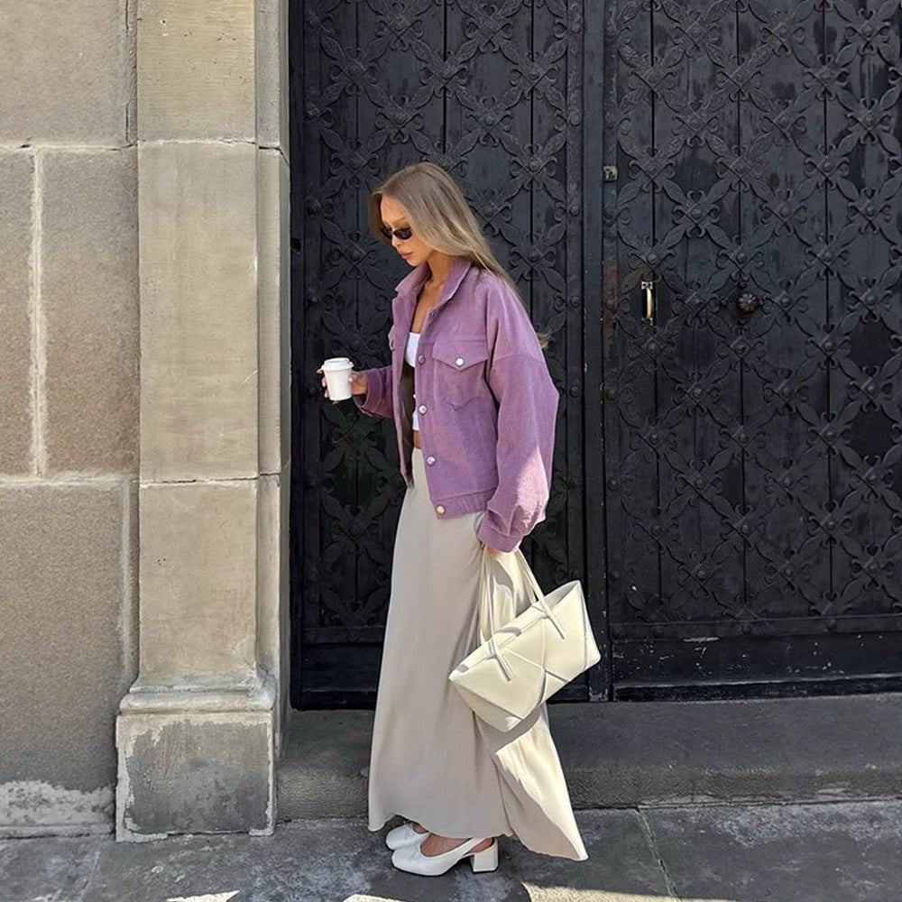 Damen Oversized Cordjacke mit praktischen Taschen und dezentem Streifenmuster Heidi-Mode