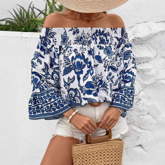 Damen Off-Shoulder Bluse mit floralem Muster und Rüschendetails Heidi-Mode
