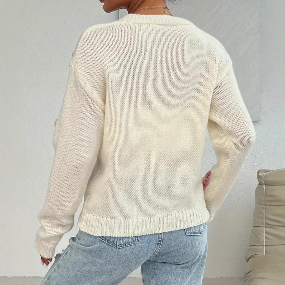 Damen Verspielter Strick-Cardigan mit handgehäkelten Blumenapplikationen Heidi-Mode