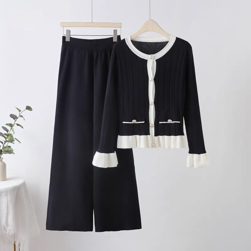Damen elegantes Strick-Loungewear-Set mit aufgesetzten Taschen und Rüschen Heidi-Mode