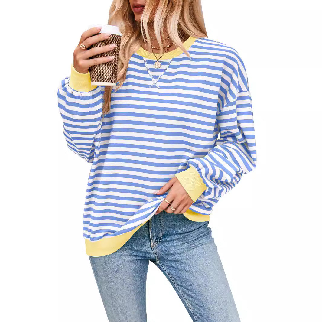 Damen lässiger Oversized Sweatshirt mit bunten Streifen und Kapuzenkordel Heidi-Mode