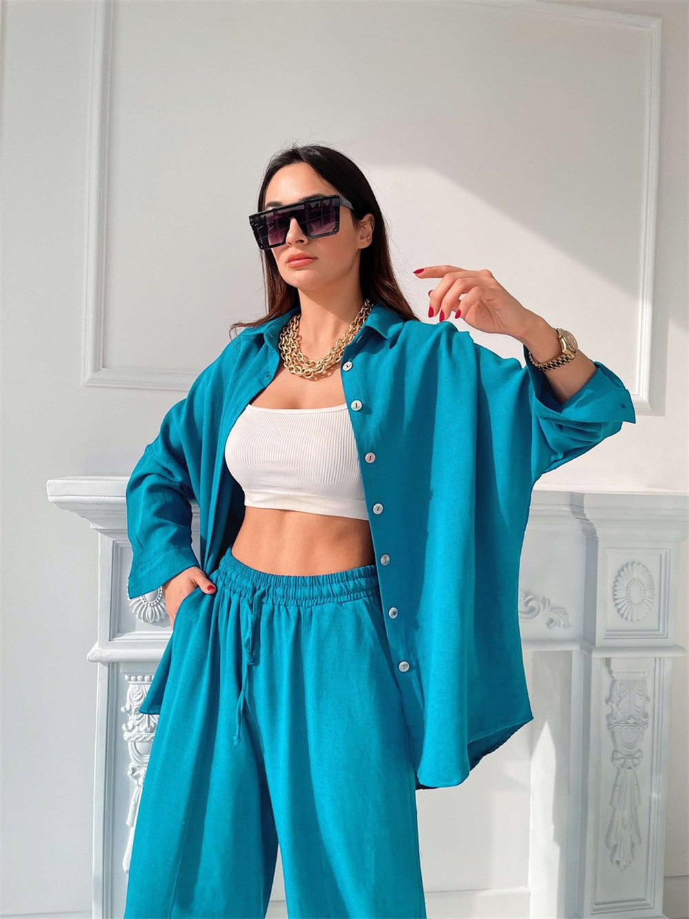 Damen lässiges Freizeit-Set mit übergroßem Hemd und weiten Hosen Heidi-Mode