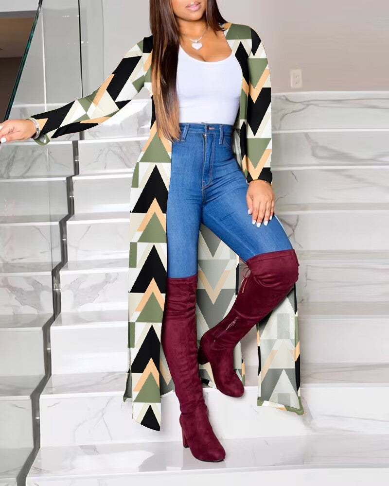 Damen Lange Strickjacke mit modernem grafischem Muster Heidi-Mode