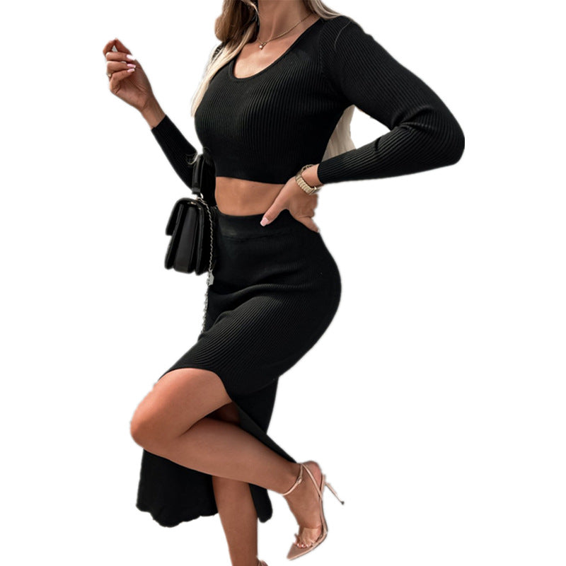 Damen Figurbetonendes Rippstrick-Set mit langem Arm und Schlitz-Wickelrock Heidi-Mode