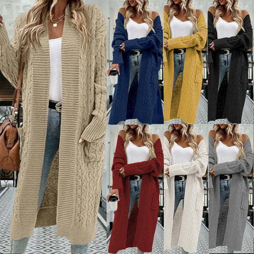 Damen Strickmantel mit modischen Zopfmuster und tiefen Taschen Heidi-Mode