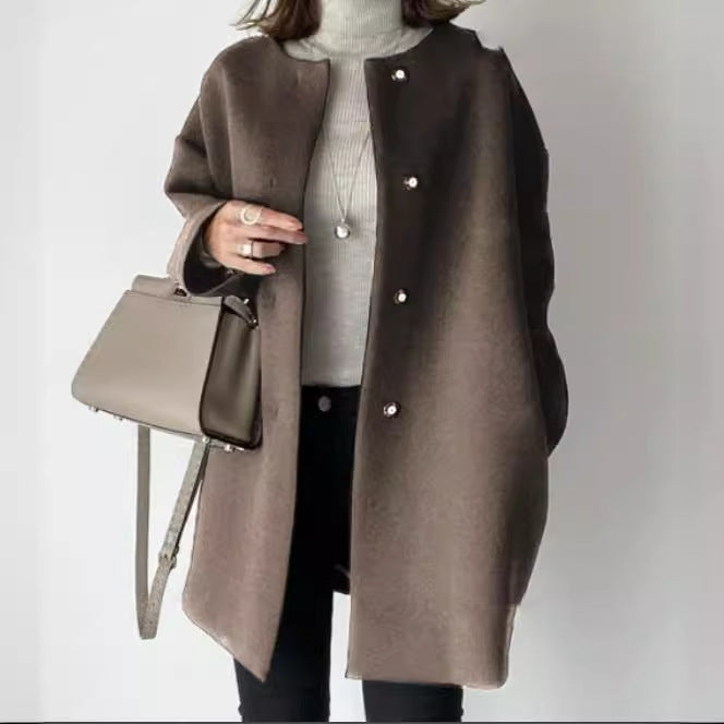 Damen Eleganter Oversized Wollmantel mit Doppelknopf-Verschluss und seitlichen Taschen Heidi-Mode