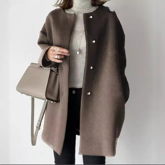 Damen Eleganter Oversized Wollmantel mit Doppelknopf-Verschluss und seitlichen Taschen Heidi-Mode